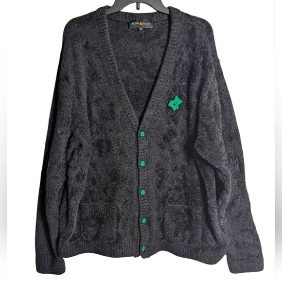 Teddy Fresh Black Fluffy Fuzzy Cardigan Sweater Green Bear Button Accent 2XL - Picture 3 of 7